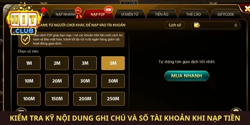 Kiểm tra kỹ nội dung ghi chú và số tài khoản khi nạp tiền
