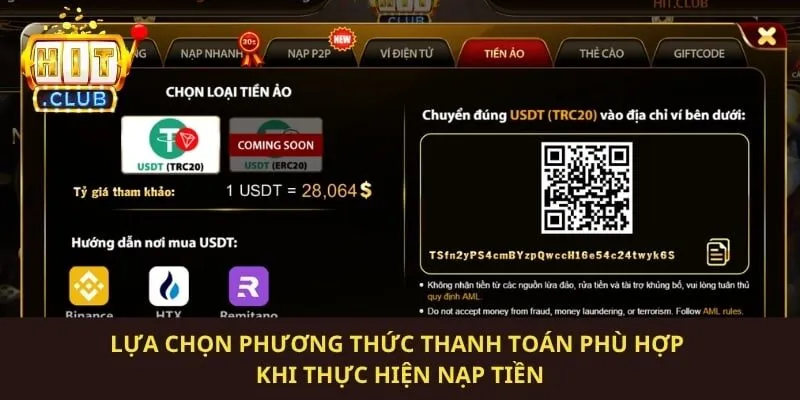 Lựa chọn phương thức thanh toán phù hợp khi thực hiện nạp tiền